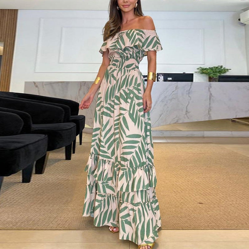 Plant Smiles bedrukte off-shoulder maxi-jurk met elastische taille