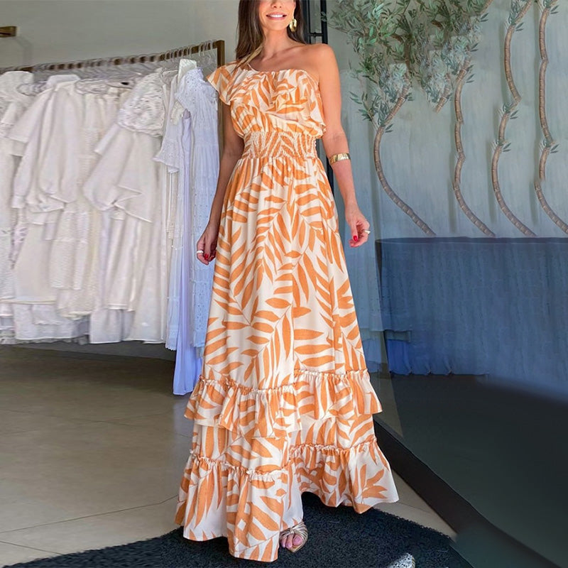 Plant Smiles bedrukte off-shoulder maxi-jurk met elastische taille