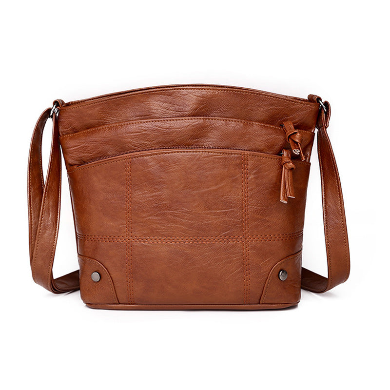 Zacht lederen schoudertas met meerdere vakken en grote capaciteit