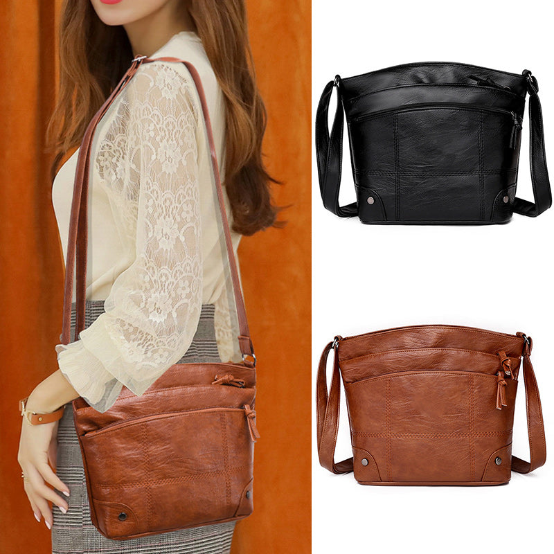 Zacht lederen schoudertas met meerdere vakken en grote capaciteit