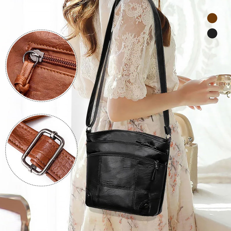 Zacht lederen schoudertas met meerdere vakken en grote capaciteit