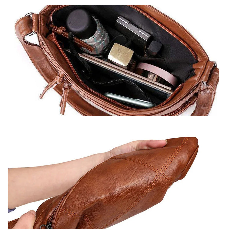 Zacht lederen schoudertas met meerdere vakken en grote capaciteit