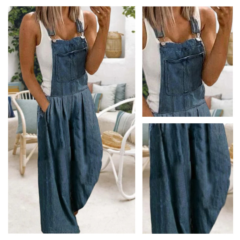 Casual denim overall met wijde pijpen en zakken