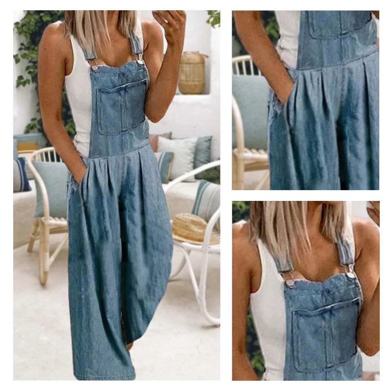 Casual denim overall met wijde pijpen en zakken