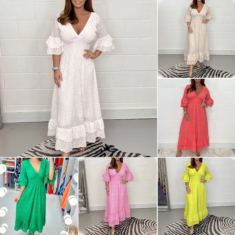 Midi-jurk met geborduurde Anglaise ruches aan de mouwen