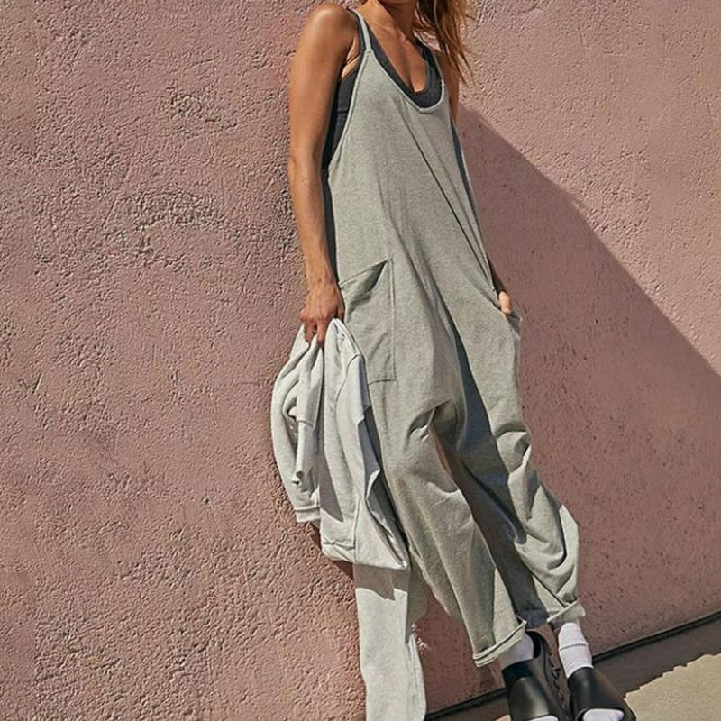 Effen Kleur Jumpsuit met V-hals en Slingzak