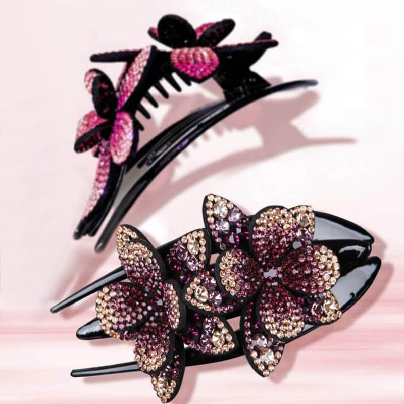 Strass dubbele bloem haarclip