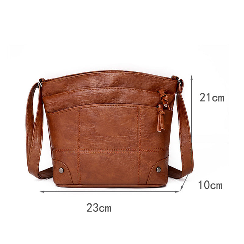 Zacht lederen schoudertas met meerdere vakken en grote capaciteit