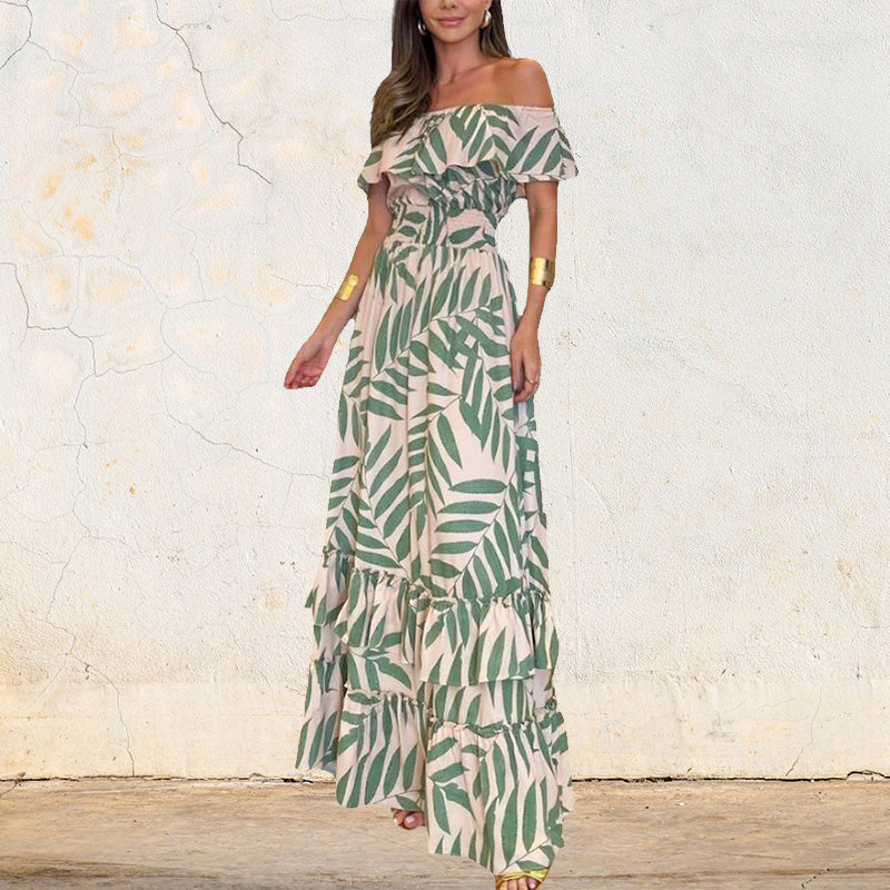 Plant Smiles bedrukte off-shoulder maxi-jurk met elastische taille