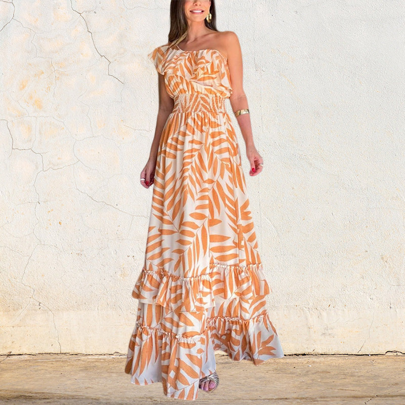 Plant Smiles bedrukte off-shoulder maxi-jurk met elastische taille