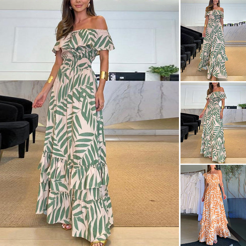 Plant Smiles bedrukte off-shoulder maxi-jurk met elastische taille
