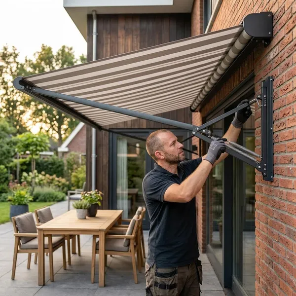 Hang het zonnescherm in de beugels
