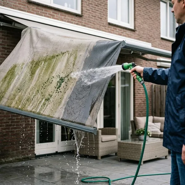 Schrob het zonnescherm voorzichtig schoon